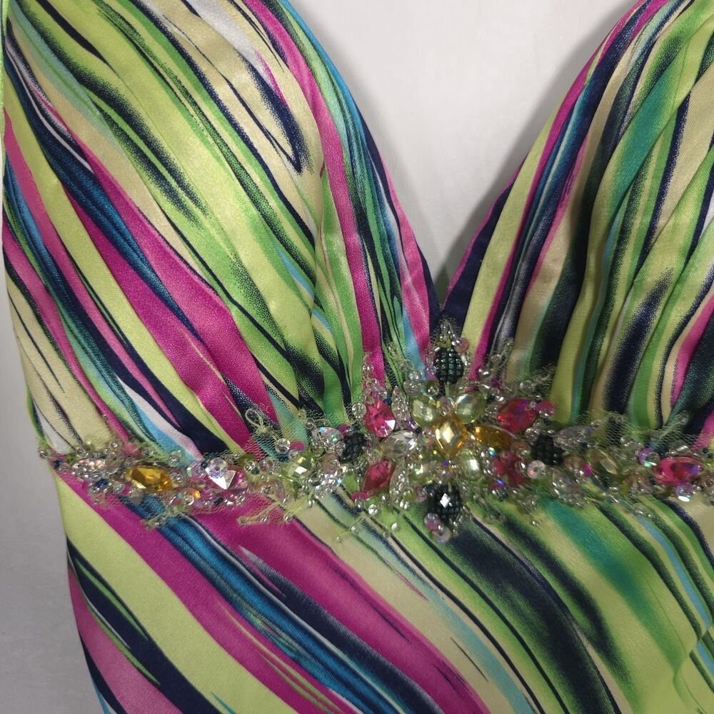 Mac Duggal Couture Size‎ 0 Maxi Dress Open Back Slit Satin Multicolor Striped - Picture 12 of 16